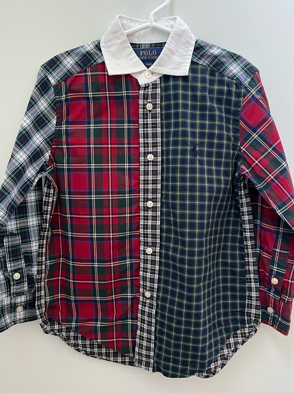 Polo by Ralph Lauren Boys Patchwork Plaid Button-Down Shirt in Red, Green, White